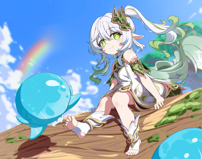 absurdres asymmetrical_hair barefoot bright_pupils closed_mouth cloud cross-shaped_pupils dress female full_body fungi_(genshin_impact) genshin_impact green_eyes hair_ornament highres light_blush looking_at_viewer moss nahida_(genshin_impact) outdoors pointy_ears rainbow shadow side_ponytail sitting_on_log sleeveless sleeveless_dress smile socks solo symbol-shaped_pupils toeless_legwear white_dress white_hair white_pupils white_socks yiyi02