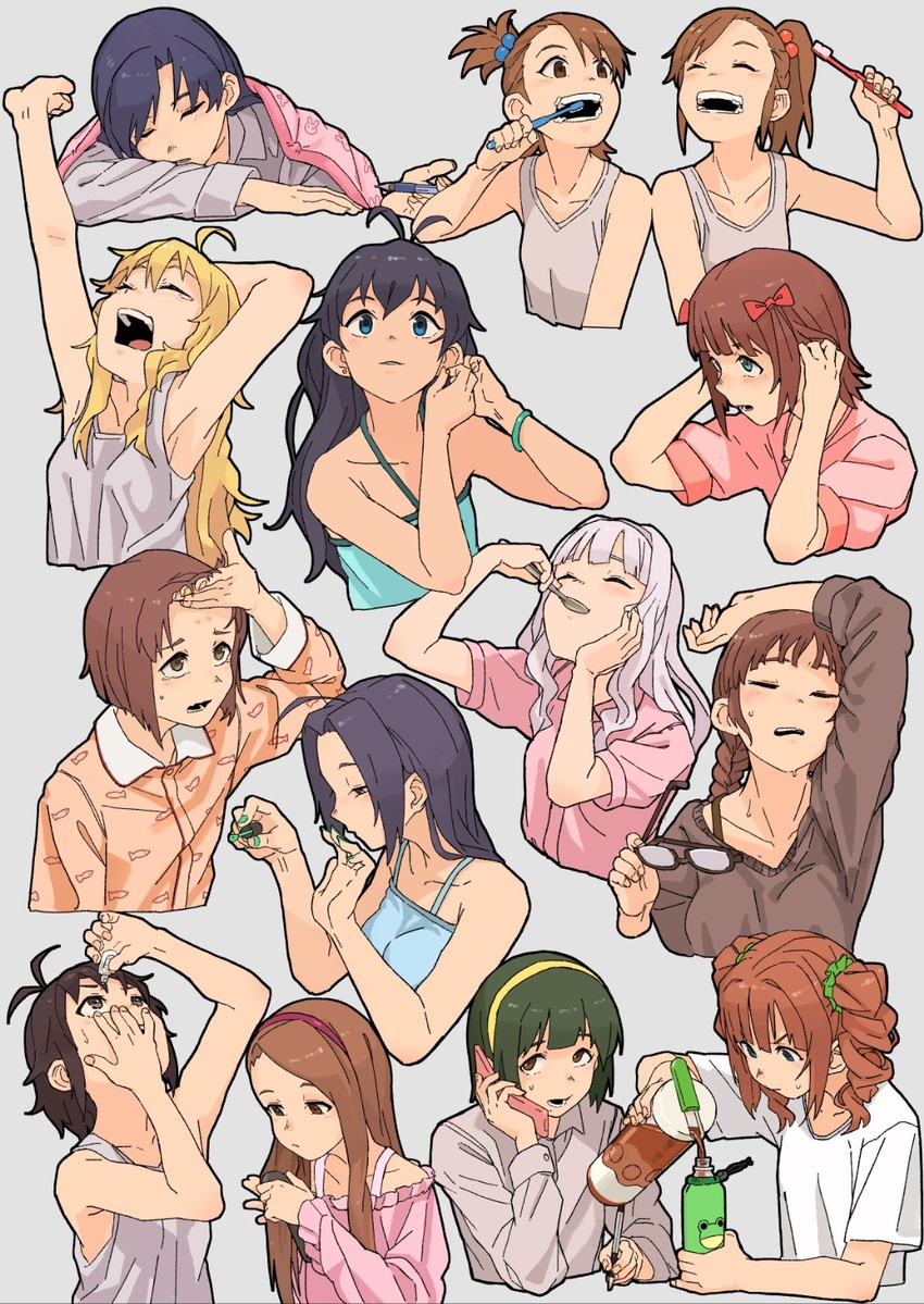 6+girls ahoge akizuki_ritsuko amami_haruka animal_print antenna_hair aqua_shirt armpits bare_shoulders blanket blonde_hair blue_eyes blue_hair blue_shirt blush bottle bow braid brown_eyes brown_hair brown_sweater brushing_teeth bunny_print cellphone closed_eyes cropped_torso drill_hair eating eyedrops eyewear_removed flip_phone futami_ami futami_mami ganaha_hibiki green_hair green_nails grey_background hagiwara_yukiho hair_bobbles hair_ornament hairband hairbow highres holding holding_bottle holding_eyewear holding_pen holding_phone holding_spoon holding_toothbrush hoshii_miki idolmaster idolmaster_(classic) kikuchi_makoto kisaragi_chihaya long_hair minase_iori miura_azusa morning multiple_girls nail_polish open_mouth orange_shirt otonashi_kotori painting_nails pen phone pink_shirt pouring red_bow red_hairband scrunchie shijou_takane shima_(landsuzume) shirt short_hair short_ponytail short_sleeves simple_background spoon stretch sweater takatsuki_yayoi tank_top tearing_up toothbrush twin_drills twintails upper_body white_hair white_shirt wristband yawning yellow_hairband