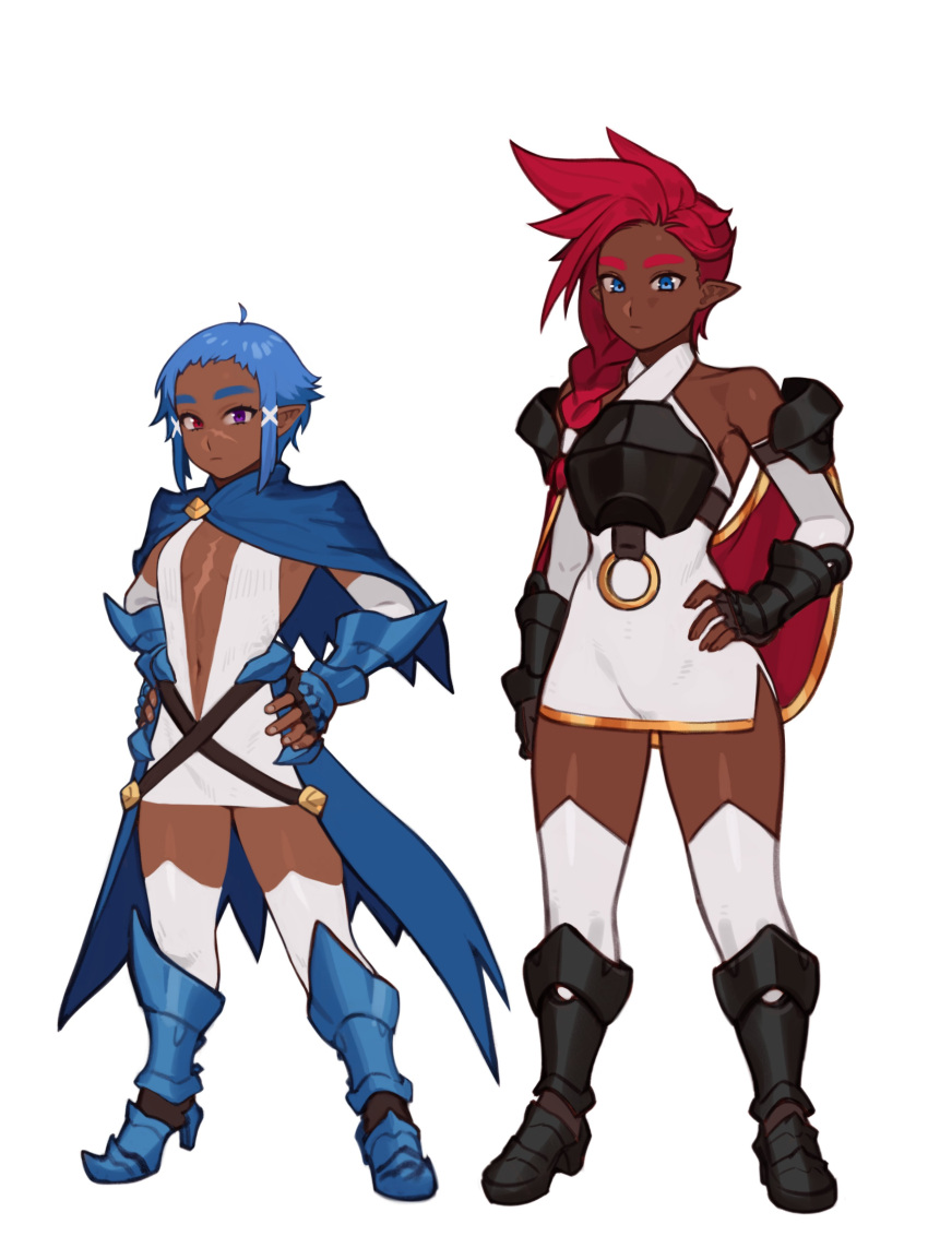 2girls absurdres armor armored_boots bare_shoulders black_gloves blue_capelet blue_eyes blue_hair boots braid breastplate capelet commentary dark-skinned_female dark_skin dress elbow_gloves elf elfheim english_commentary fingerless_gloves flat_chest full_body gauntlets gloves hair_ornament hair_over_one_eye hands_on_own_hips height_difference heterochromia highres legs_apart long_hair looking_at_viewer multiple_girls navel navy_sapphyr original plunging_neckline pointy_ears purple_eyes red_eyes red_hair roan_sapphyr scar scar_on_chest scar_on_face short_hair siblings simple_background sisters spiked_hair standing sunna_(nilsunna) thick_eyebrows thighhighs vambraces waist_cape white_background white_dress white_gloves white_legwear x_hair_ornament