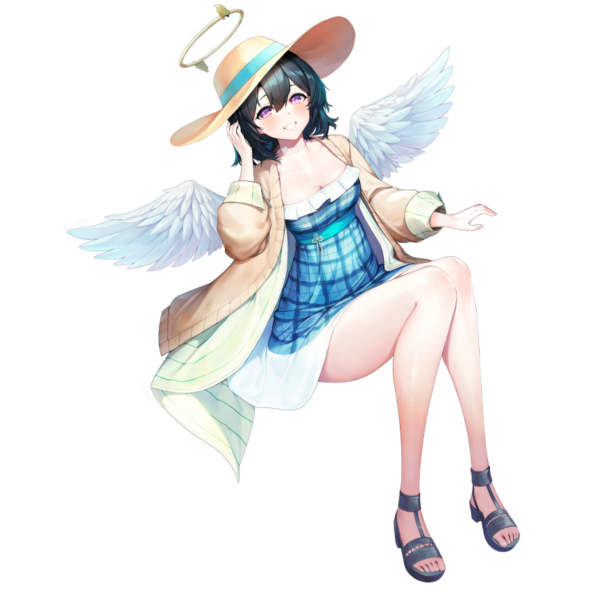 angel_(last_origin) angel_wings black_hair blue_dress blush breasts cardigan choker cleavage dress female full_body hair_between_eyes halo hat high_heels highres jam_(nandade) last_origin official_alternate_costume official_art purple_eyes short_hair solo sun_hat tachi-e third-party_source transparent_background wings