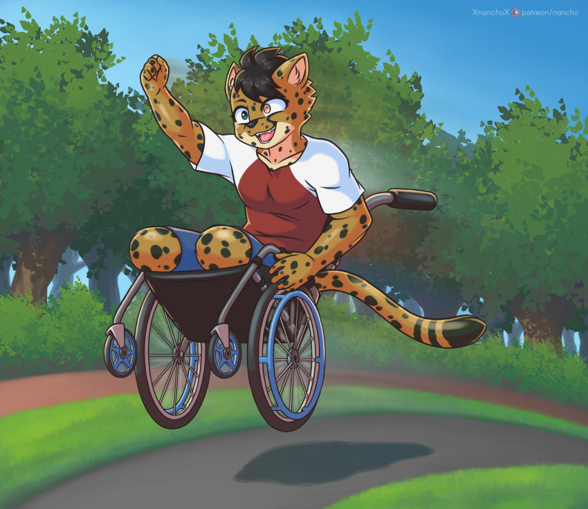 2_missing_limbs absurd_res amputated amputee blind_eye cheetah clothed clothing crippled disability felid feline hi_res male mammal missing_all_legs muscular muscular_male ocular_prosthetic prosthetic solo stumps vehicle wheelchair xnanchox