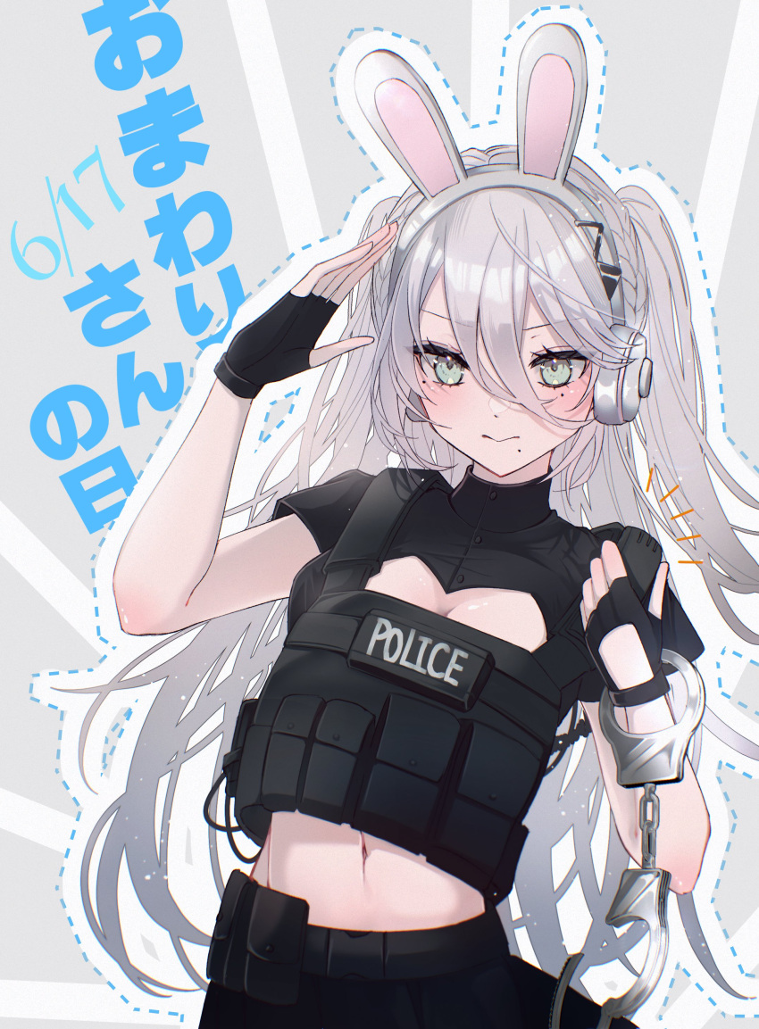 absurdres belt belt_pouch black_gloves black_shirt black_skirt breasts bulletproof_vest bunny_headphones cleavage_cutout clothing_cutout cuffs dated female fingerless_gloves gloves grey_eyes grey_hair hair_between_eyes handcuffs headphones highres long_hair long_hair_between_eyes medium_breasts midriff mole mole_under_each_eye mole_under_eye mole_under_mouth multiple_moles nam navel nijisanji outline police pouch salute shirt short_sleeves skirt solo sophia_valentine turtleneck turtleneck_shirt two_side_up utility_belt very_long_hair virtual_youtuber walkie-talkie white_background