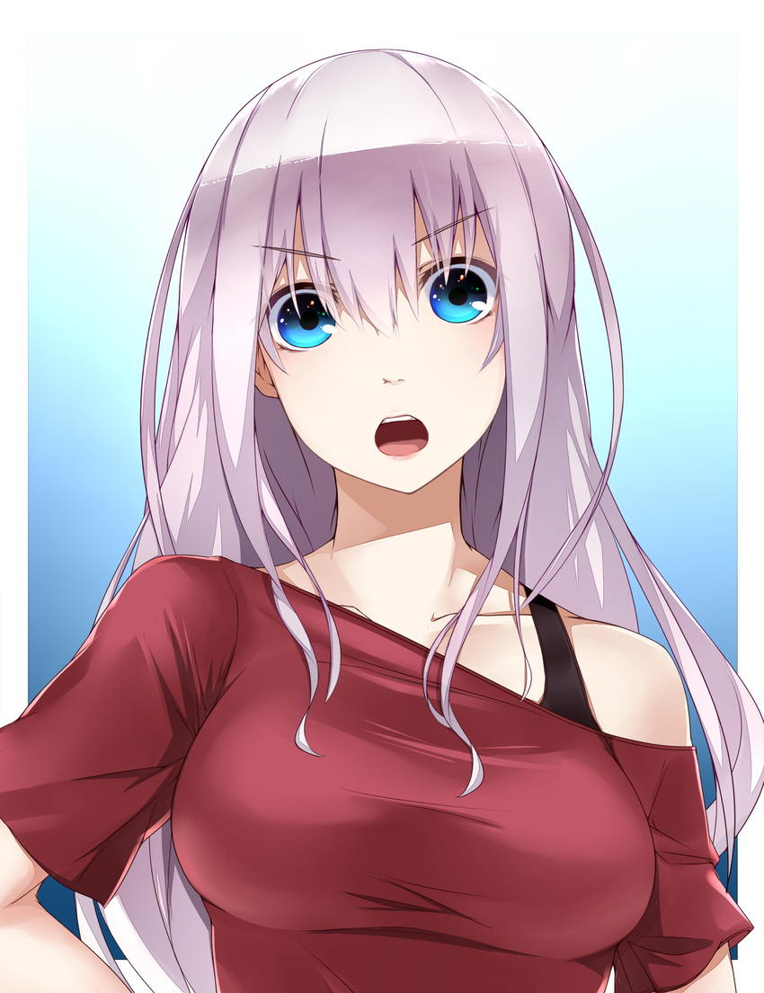 blue_background blue_eyes border bra_strap breasts collarbone commentary female highres large_breasts long_hair looking_at_viewer off-shoulder_shirt off_shoulder open_mouth original outside_border red_shirt shirt silver_hair solo upper_body v-shaped_eyebrows white_border winu_(hertrion)