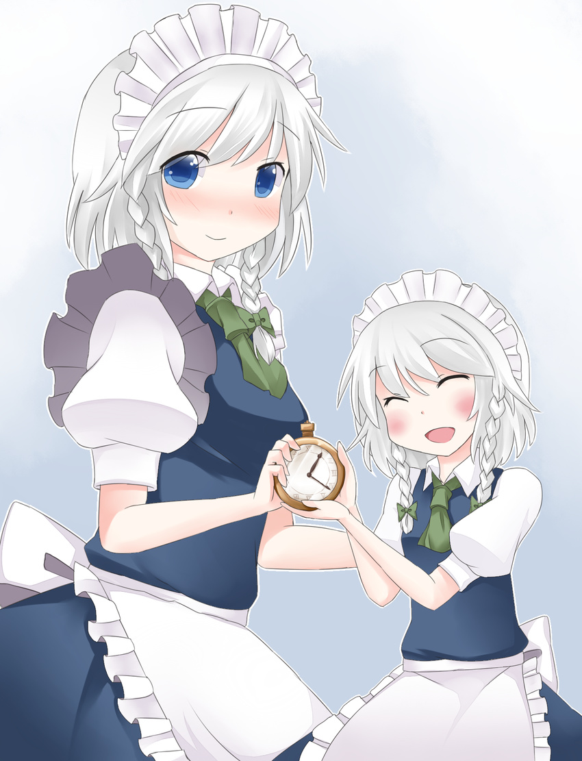 2girls ^_^ ^o^ age_difference anata_(lighttuner) apron blue_eyes blush braid breasts closed_eyes commentary dual_persona highres izayoi_sakuya maid maid_headdress medium_breasts multiple_girls pocket_watch puffy_short_sleeves puffy_sleeves ribbon short_hair short_sleeves skirt time_paradox touhou twin_braids vest watch white_hair