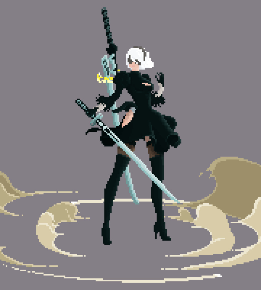 2b_(nier:automata) animated animated black_blindfold blindfold boots cleavage_cutout clothing_cutout commentary_request covered_eyes feather-trimmed_sleeves female hairband high_heel_boots high_heels highres juliet_sleeves katana leotard long_sleeves nier:automata nier_(series) pixel_art puffy_sleeves solo sword thighhighs thighhighs_under_boots usualmanu virtuous_contract virtuous_treaty weapon white_leotard