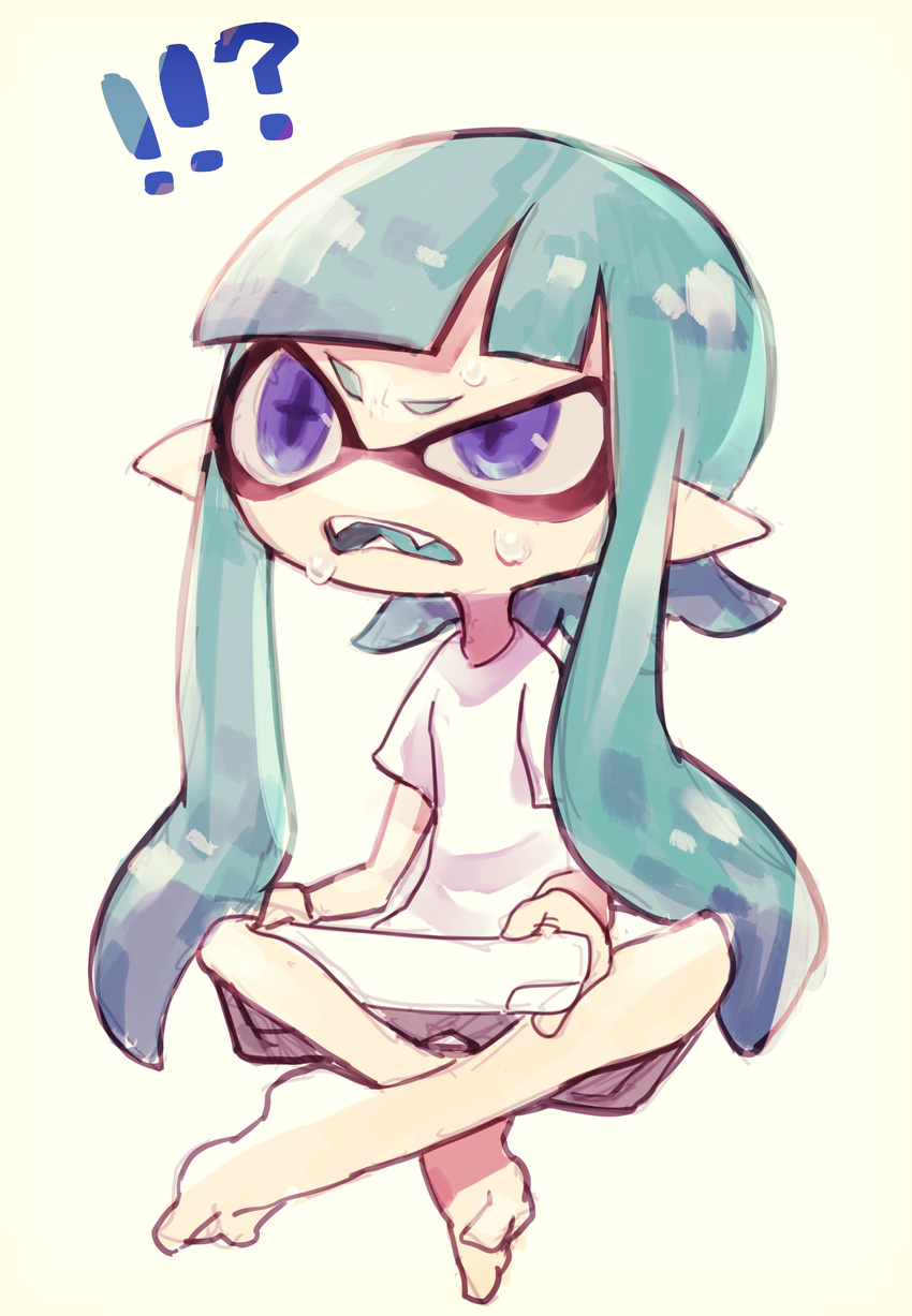 !? absurdres blue_hair commentary_request fangs female game_console highres inkling inkling_girl inkling_player_character long_hair photoshop_(medium) puchiman purple_eyes shirt sitting solo splatoon_(series) splatoon_1 sweat symbol-shaped_pupils tentacle_hair white_shirt wii_u wii_u_gamepad