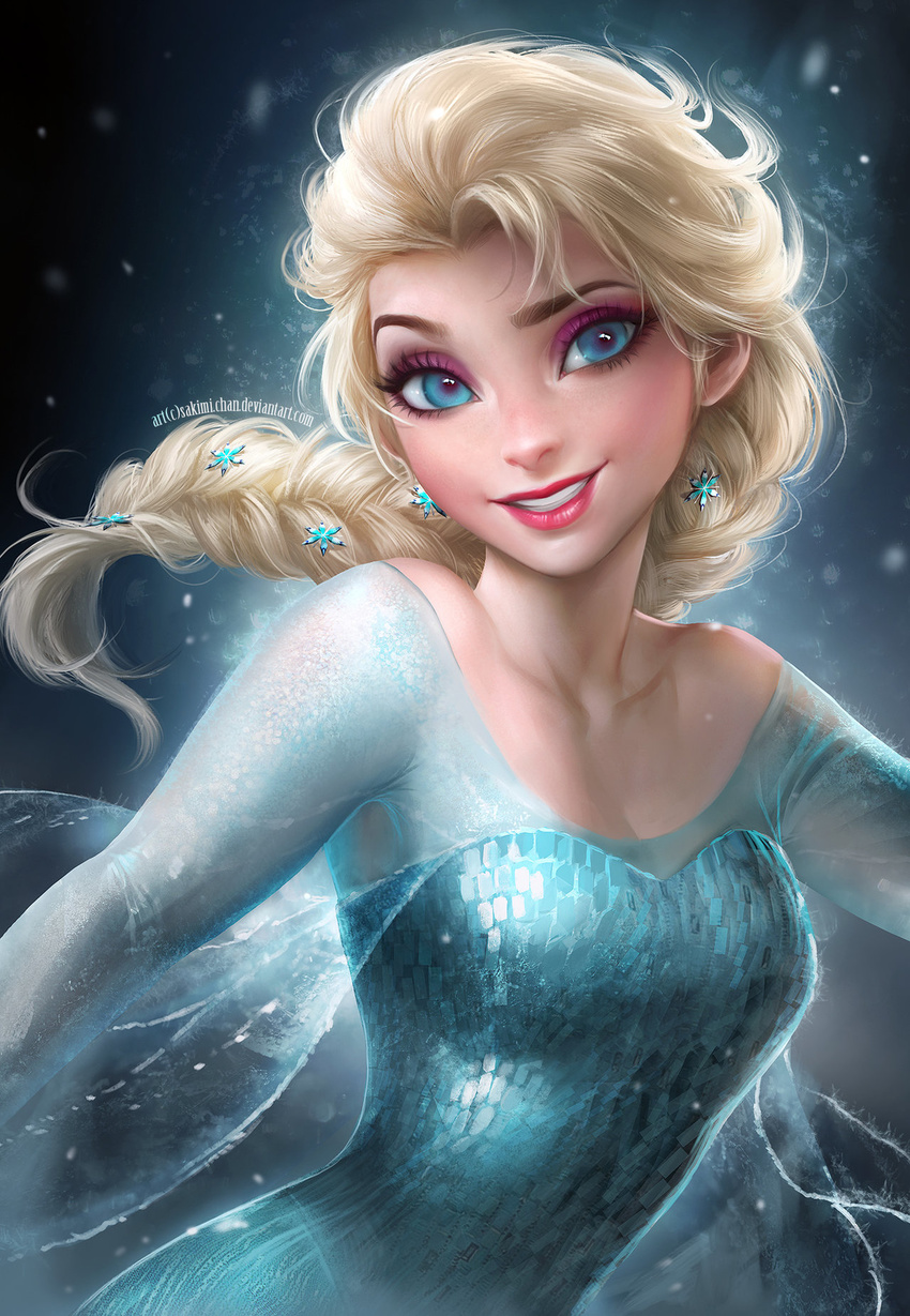 bad_revision banned_artist bare_shoulders blonde_hair blue_eyes braid downscaled_revision dress elsa_(frozen) frozen_(disney) highres lips long_hair md5_mismatch resized sakimichan single_braid smile solo upscaled watermark