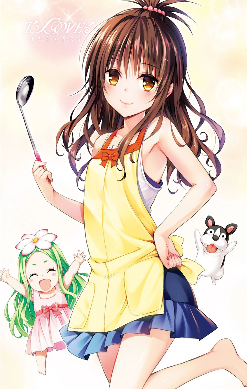 2girls :d \o/ ^_^ apron arms_up bare_shoulders brown_eyes brown_hair canine celine_(to_love-ru) closed_eyes copyright_name flower green_hair hair_bobbles hair_flower hair_ornament hand_on_own_hip highres ladle long_hair looking_at_viewer marron_(to_love-ru) multiple_girls official_art open_mouth outstretched_arms smile to_love-ru to_love-ru_darkness yabuki_kentarou yellow_apron yuuki_mikan