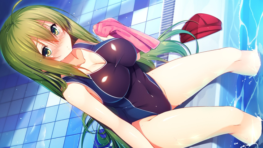 aristear_remain blush breasts cleavage competition_swimsuit female game_cg green_eyes holding holding_towel ichinose_anzu large_breasts long_hair looking_at_viewer nose_blush official_art one-piece_swimsuit poolside rozea_(graphmelt) sitting solo swimsuit tile_floor tiles towel