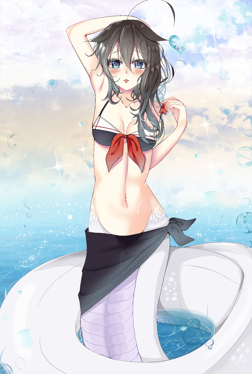 adapted_costume arm_up bare_shoulders bikini bikini_top_only black_bikini black_hair blue_eyes blush breasts cloud cloudy_sky coiled commentary_request female front-tie_top groin hair_between_eyes hair_flaps heart highres holding holding_jewelry holding_ring jewelry kantai_collection lamia lips long_hair looking_at_viewer medium_breasts monster_girl monster_girl_encyclopedia monsterification navel paundo2 ring sailor_bikini sailor_collar sarong shigure_(kancolle) shigure_kai_ni_(kancolle) shirohebi_(monster_girl_encyclopedia) sky snake solo sparkle swimsuit water