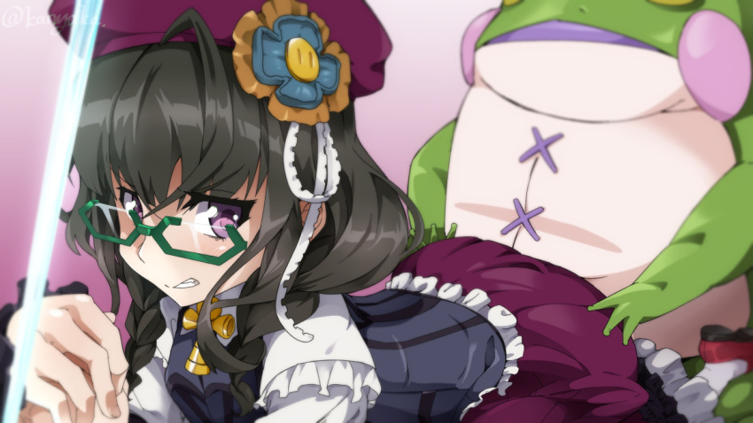 ahoge all_fours beret black_hair blush braid clenched_teeth commentary_request female flower frilled_shirt frilled_skirt frills glasses green-framed_eyewear hair_flower hair_ornament hakuu_kanaka hat implied_sex prelati_(symphogear) purple_eyes purple_hat purple_skirt semi-rimless_eyewear senki_zesshou_symphogear shirt side_braids skirt solo stuffed_animal stuffed_frog stuffed_toy teeth twin_braids under-rim_eyewear