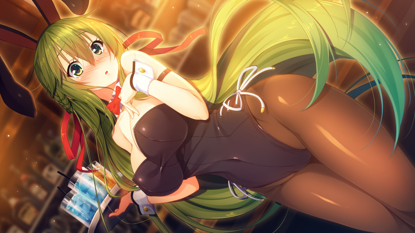 :o animal_ears aristear_remain arm_strap blush bow bowtie braid breasts cleavage detached_collar dutch_angle extra_ears fake_animal_ears female game_cg green_eyes green_hair highres ichinose_anzu indoors large_breasts leotard long_hair nose_blush official_art pantyhose playboy_bunny rabbit_ears rozea_(graphmelt) side-tie_leotard solo thigh_gap tray very_long_hair wrist_cuffs