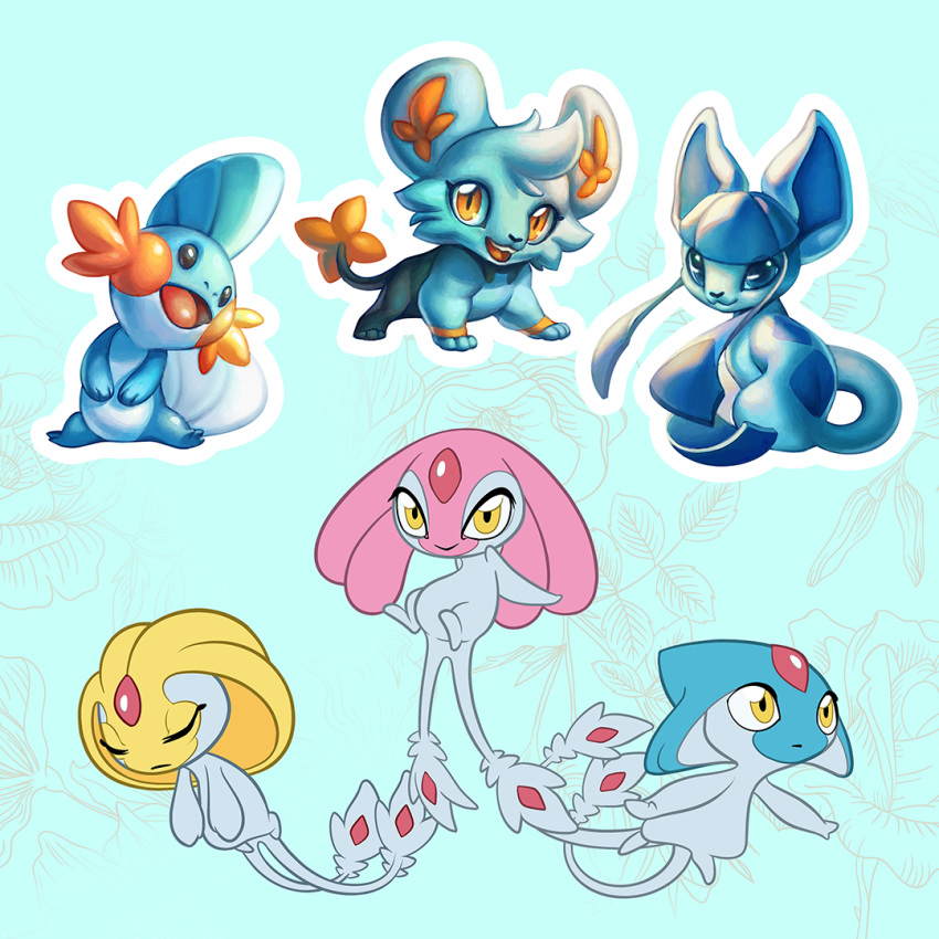 azelf black_eyes blue_background blue_eyes closed_eyes commentary creature creatures_(company) english_commentary floating full_body game_freak gen_3_pokemon gen_4_pokemon glaceon gradient gradient_background legendary_pokemon looking_at_viewer mesprit mudkip nintendo no_humans pokemon pokemon_(creature) qesque shinx standing uxie yellow_eyes