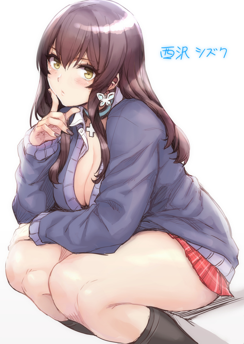 absurdres blush breasts brown_hair choker cleavage earrings female hair_between_eyes highres jewelry jk_bitch_sannin_musume! kneehighs large_breasts long_hair long_sleeves looking_at_viewer nishizawa_shizuku open_mouth simple_background skirt socks solo squatting sweater thighs whoosaku yellow_eyes