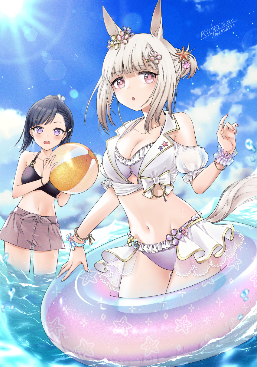 animal_ears bikini cleavage happy_meek_(umamusume) kiryuin_aoi open_shirt ryusei see_through swimsuits tail uma_musume_pretty_derby wet