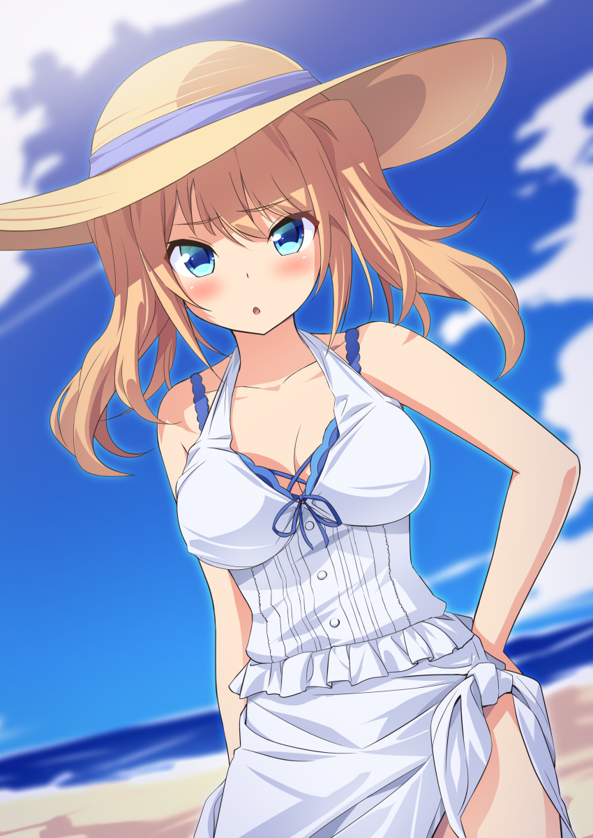 :o absurdres aya_(project_tokyo_dolls) bare_arms bare_shoulders beach bikini bikini_under_clothes blonde_hair blue_bikini blue_eyes blue_sky blurry blurry_background blush breasts brown_hat cleavage cloud collarbone commentary_request commission day depth_of_field dress dutch_angle female frilled_dress frills hair_between_eyes halterneck hand_on_own_hip hat highres horizon looking_at_viewer medium_breasts ocean outdoors parted_lips project_tokyo_dolls sand skeb_commission sky solo sun_hat swimsuit tied_dress twintails ugume water white_dress