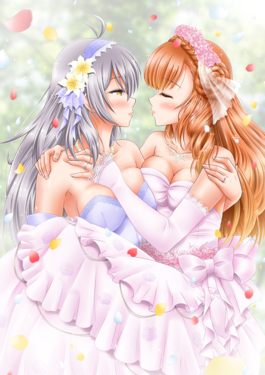 2girls absurdres arnas_(yoru_no_nai_kuni) braid braided_bun breasts carrying cleavage commentary_request commission couple crown_braid dress eye_contact flower hair_bun highres jewelry large_breasts light_brown_hair long_hair looking_at_another lyuritis_(yoru_no_nai_kuni) multiple_girls pixiv_commission princess_carry ring shinozuki_takumi wedding_dress wedding_ring wife_and_wife yoru_no_nai_kuni yuri