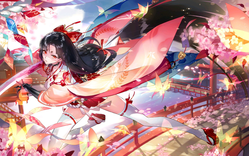 absurdly_long_hair absurdres artist_request black_gloves black_hair bow bridge bug butterfly cherry_blossoms choker commentary_request facial_mark female floral_print forehead_mark full_body gloves hairbow hakama hakama_short_skirt hakama_skirt highres holding holding_sword holding_weapon japanese_clothes katana long_hair looking_at_viewer low-tied_long_hair miniskirt obi onmyoji onmyouji outdoors parted_bangs parted_lips pleated_skirt red_bow red_eyes red_ribbon red_skirt ribbon sandals sash skirt solo sword tabi thighhighs very_long_hair water weapon white_thighhighs youtou_hime_(onmyoji) zettai_ryouiki