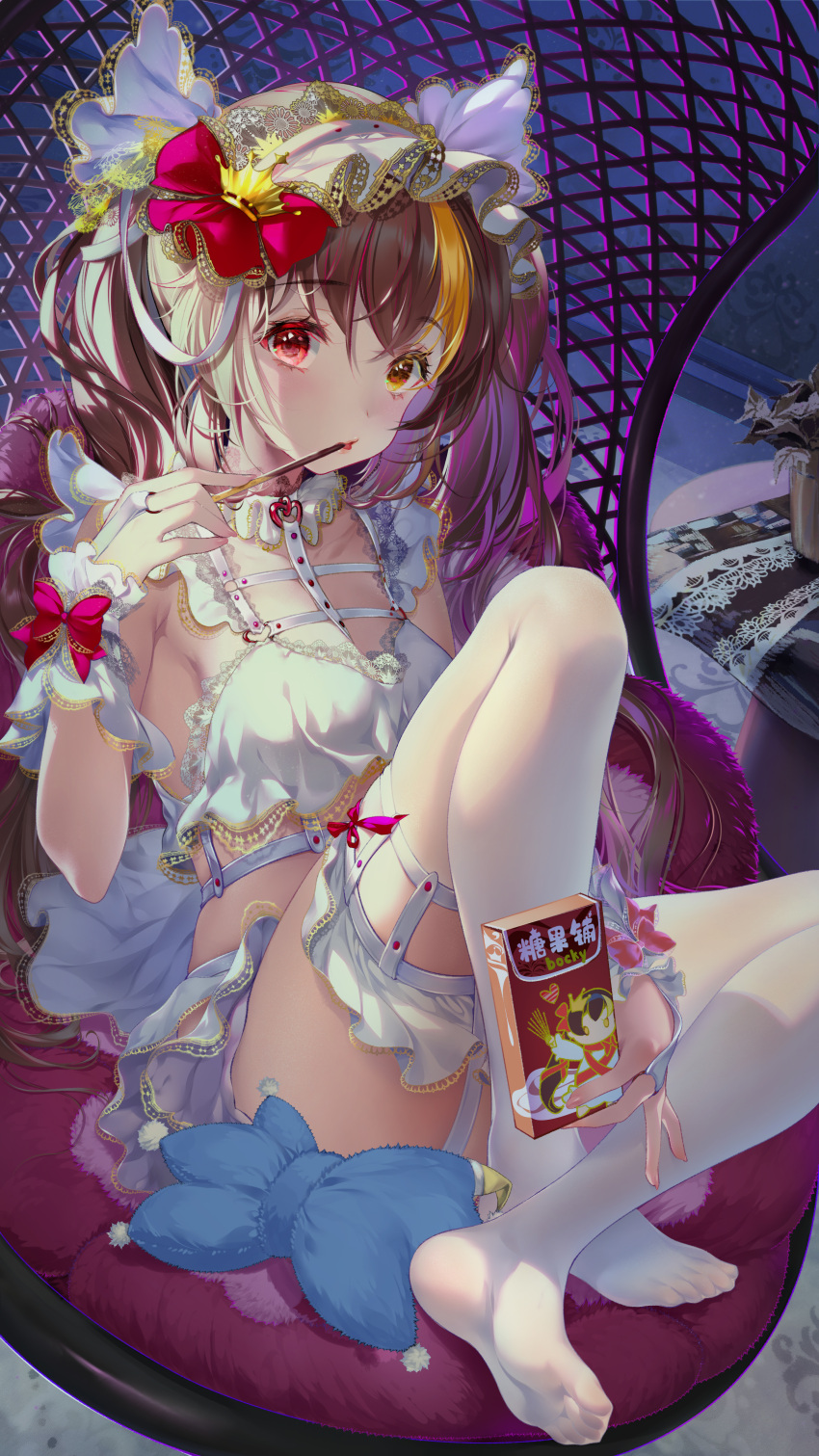 :o absurdres between_legs bingtang blonde_hair blush bow box bra breasts brown_hair collar crossed_ankles crown_hair_ornament detached_collar female food food_in_mouth frilled_bra frilled_collar frilled_hairband frilled_straps frills full_body hairband hairbow hand_between_legs hand_up heterochromia highres holding holding_box holding_food indie_virtual_youtuber knee_up lace-trimmed_bra lace-trimmed_hairband lace-trimmed_panties lace-trimmed_wrist_cuffs lace_trim legwear_garter long_hair looking_at_viewer medium_breasts multicolored_hair official_art on_chair panties plant pocky pocky_in_mouth potted_plant red_bow red_eyes round_table sidelighting sitting solo streaked_hair table thighhighs twintails underwear very_long_hair virtual_youtuber white_bra white_hairband white_panties white_thighhighs wrist_bow wrist_cuffs yellow_eyes