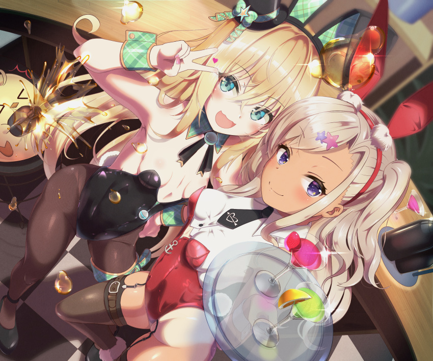 2girls albacore_(azur_lane) alternate_costume anchor_symbol animal_ears archerfish_(azur_lane) archerfish_(coquettish_bunny)_(azur_lane) azur_lane black_legwear black_leotard black_necktie blonde_hair blue_eyes breasts commentary_request cup dark-skinned_female dark_skin detached_collar drinking_glass dutch_angle garter_straps grey_hair hat highres leotard long_hair looking_at_viewer makina9696 mini_hat mini_top_hat multiple_girls neck_ribbon necktie official_alternate_costume pantyhose playboy_bunny purple_eyes rabbit_ears rabbit_tail red_leotard ribbon small_breasts strapless strapless_leotard tail tan tanlines thighhighs top_hat two_side_up wine_glass wrist_cuffs