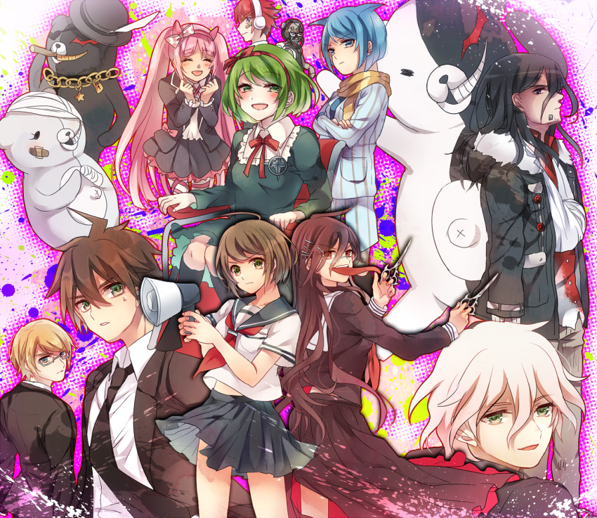 6+boys 6+girls ahoge bandaged_arm bandages beard black_necktie black_skirt blue_hair blush brown_eyes brown_hair brown_jacket brown_scarf collarbone commentary_request crossed_arms daimon_masaru_(danganronpa) danganronpa_(series) danganronpa_3_(anime) danganronpa_another_episode:_ultra_despair_girls facial_hair formal fukawa_toko genocider_shou glasses green_eyes hair_between_eyes hair_ornament hairclip highres holding holding_megaphone jacket kemuri_jataro kurokuma_(danganronpa) long_hair long_skirt long_tongue looking_at_viewer megaphone miyuzu monokuma multicolored_background multiple_boys multiple_girls naegi_komaru naegi_makoto neck_ribbon neckerchief necktie open_mouth pants pink_hair pleated_skirt red_ribbon ribbon sailor_collar scarf scissors shingetsu_nagisa shirokuma_(danganronpa) shirt short_hair sitting skirt striped_clothes striped_pants sweatdrop togami_byakuya tongue towa_haiji towa_monaca twintails two-sided_fabric utsugi_kotoko white_jacket white_pants white_shirt