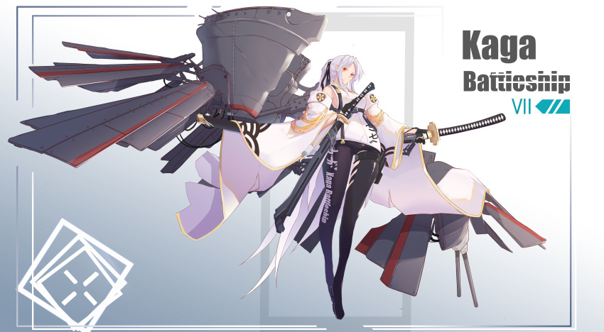 absurdres alternate_costume black_pantyhose cannon detached_sleeves female full_body high_ponytail highres kaga_(battleship) kaga_(warship_girls_r) katana long_hair orange_eyes pantyhose photoshop_(medium) scabbard sheath sheathed solo sword thigh_strap turret warship_girls_r weapon white_hair wide_sleeves world_of_warships wuzhuang_caikuangche