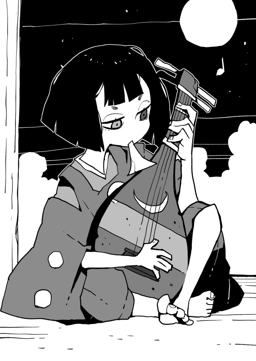 barefoot biwa_(heike_monogatari) biwa_lute blunt_bangs bowl_cut cloud commentary dowman_sayman female greyscale heike_monogatari highres instrument japanese_clothes kimono long_sleeves lute_(instrument) monochrome moon mouth_hold musical_note night plectrum solo wide_sleeves