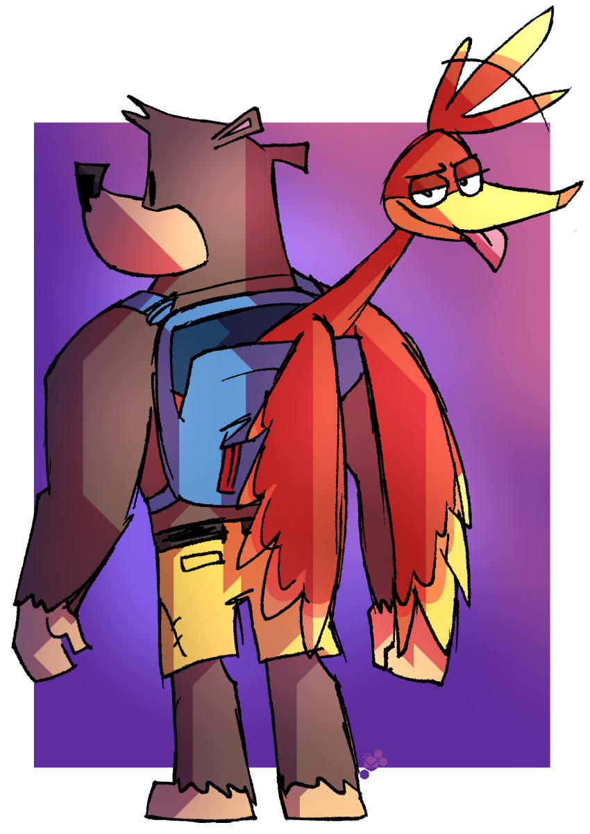 2021 alpha_channel anthro avian backpack banjo-kazooie banjo_(banjo-kazooie) beak bear bird bottomwear breegull brown_body brown_fur clothing duo feathers female feral fur green_eyes head_tuft hi_res judging kazooie male mammal pants potoobrigham purple_background rareware red_body red_feathers simple_background simple_eyes teasing teasing_viewer tongue tongue_out tuft yellow_body yellow_bottomwear yellow_clothing yellow_feathers yellow_pants