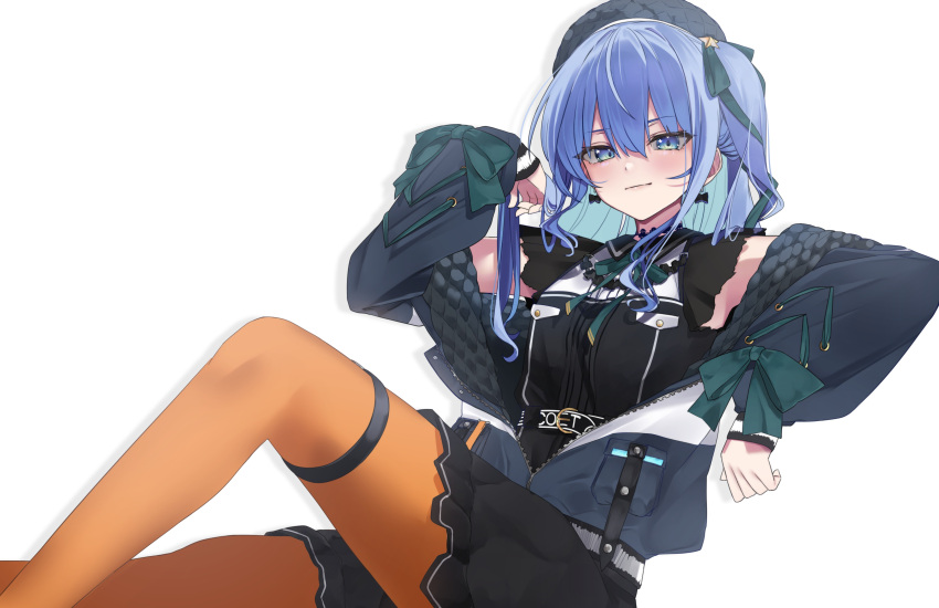 absurdres belt black_skirt blue_eyes blue_hair blue_jacket closed_mouth colored_inner_hair earrings feet_out_of_frame female grey_hat hair_between_eyes hair_ribbon hand_up hat highres hololive hoshimachi_suisei hoshimachi_suisei_(casual) invisible_chair jacket jewelry knee_up legs light_smile long_hair long_sleeves looking_at_viewer multicolored_hair off_shoulder one_side_up open_clothes open_jacket orange_pantyhose pantyhose ribbon sidelocks simple_background sitting skirt smug solo star_(symbol) star_in_eye symbol_in_eye thigh_strap virtual_youtuber white_background yuzuyukiha