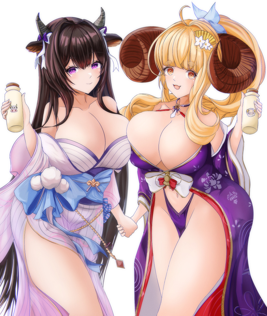 2girls absurdres anila_(granblue_fantasy) anila_(granblue_fantasy)_(cosplay) animal_ears asymmetrical_docking azur_lane bare_shoulders blonde_hair bottle breast_press breasts brown_hair brown_horns cleavage collarbone commission cosplay costume_switch cow_ears cow_girl cow_horns cowboy_shot curled_horns fan_hair_ornament granblue_fantasy hair_ornament highleg highleg_panties highres holding holding_bottle horns huge_breasts huge_horns japanese_clothes kashino_(azur_lane) kashino_(azur_lane)_(cosplay) kashino_(robust_floral_strings)_(azur_lane) kimono long_hair long_sleeves looking_at_viewer multiple_girls navel open_mouth panties purple_eyes purple_kimono purple_panties revealing_clothes simple_background teaoe trait_connection underwear very_long_hair white_background white_kimono wide_sleeves