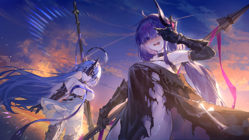 2girls absurdres alsace_(azur_lane) azur_lane black_choker black_dress black_gloves black_halo blue_hair blue_ribbon blush breasts choker dress elbow_gloves evening eye_mask gauntlets gloves halo highres holding holding_polearm holding_weapon large_breasts long_hair mechanical_halo mogador_(azur_lane) multiple_girls open_mouth outdoors pink_ribbon polearm purple_eyes purple_hair revealing_clothes ribbon short_dress torn_clothes torn_dress very_long_hair weapon white_dress yu_hydra