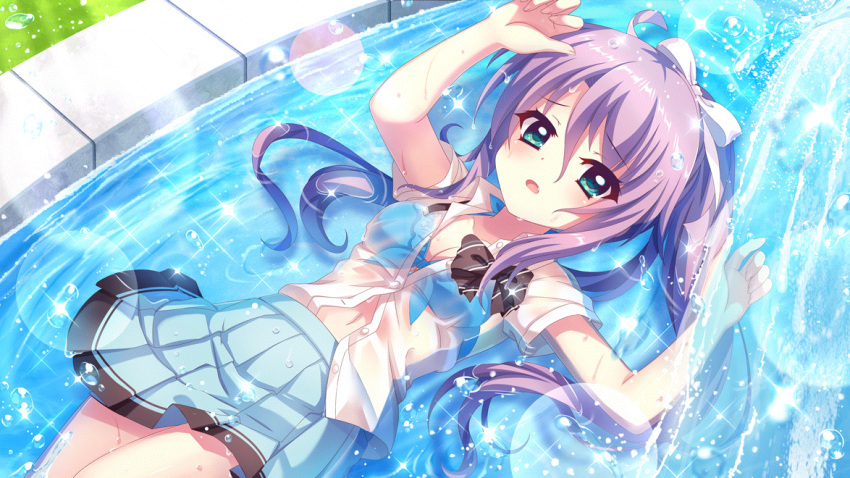 afloat aqua_eyes bikini bikini_under_clothes black_bow blue_bikini blue_skirt blush bow breasts cleavage diagonal-striped_bow dot_nose female film_grain fountain from_above front-tie_bikini_top front-tie_top game_cg hairbow hands_up high_ponytail izumi_tsubasu lens_flare long_hair looking_at_viewer lying marehoshi_academy_school_uniform navel non-web_source oerba_yun_fang official_art on_back open_mouth partially_unbuttoned purple_hair re:stage! school_uniform see-through see-through_shirt shirt short_sleeves skirt small_breasts solo sparkle swimsuit tsukisaka_sayu water_drop wet wet_clothes wet_shirt white_bow white_shirt