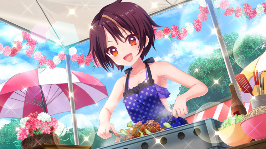 :d apron bandou_mikuru bikini blonde_hair blue_apron blue_sky bottle bowl breasts brown_hair cloud collarbone cooking day dot_nose dutch_angle female film_grain flower frilled_bikini frills game_cg izumi_tsubasu lens_flare multicolored_hair non-circular_lens_flare non-web_source official_art open_mouth outdoors pink_flower polka_dot polka_dot_apron purple_bikini re:stage! red_eyes red_flower ringed_eyes short_hair sky small_breasts smile solo sparkle spatula streaked_hair swimsuit two-tone_hair umbrella white_flower wicker_basket