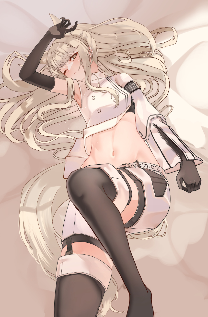 absurdres animal_ears arknights arm_up armpits bed_sheet black_footwear black_gloves boots brown_eyes brown_hair elbow_gloves feet_out_of_frame female gloves groin highres horse_ears horse_girl horse_tail long_hair long_sleeves looking_at_viewer lying midriff navel on_back platinum_(arknights) shirt shorts single_sleeve solo suzubotan tail thigh_boots very_long_hair white_shirt white_shorts