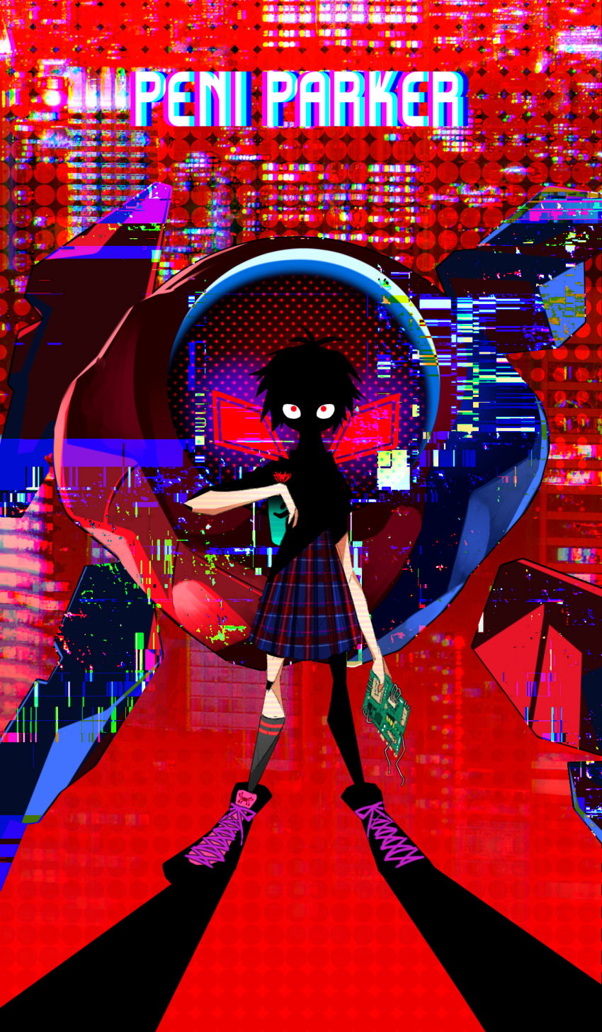 backpack bad_id bad_pixiv_id bag black_footwear black_socks full_body glitch green_bag highres koug00 looking_at_viewer marvel medium_hair motherboard peni_parker pleated_skirt red_background red_eyes robot school_uniform shaded_face shadow shirt shoes short_hair skirt socks sp//dr spider-man:_into_the_spider-verse spider-man_(series) spider-verse standing