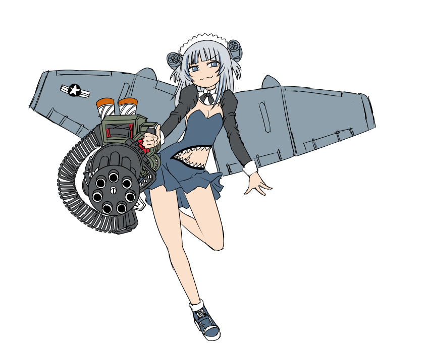 a-10_thunderbolt_ii absurdres airplane_wing alternate_costume blunt_bangs breasts cleavage closed_mouth commentary_request copyright_request deculture female full_body gatling_gun gau-8 gawr_gura grey_hair gun highres holding holding_gun holding_weapon hololive hololive_english leg_up looking_at_viewer maid_headdress medium_hair miniskirt navel shoes simple_background skirt small_breasts smirk sneakers solo standing standing_on_one_leg virtual_youtuber weapon white_background