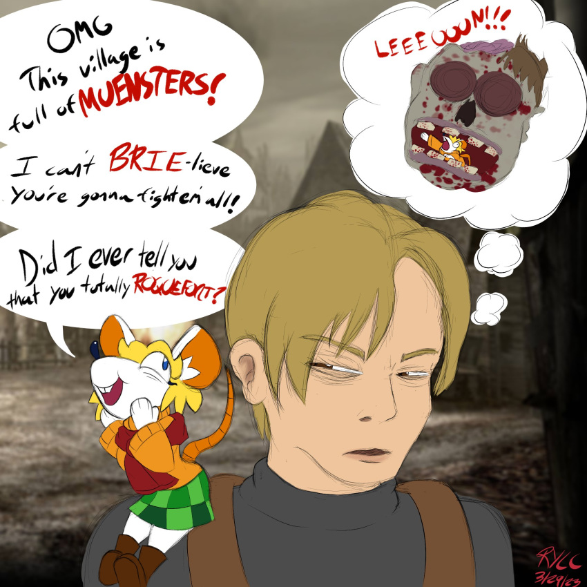 1:1 2023 alternate_species annoyed anthro ashley_graham_(resident_evil) capcom clothed clothing daydream duo english_text female furrification hi_res human humor leon_kennedy male mammal meme mouse moushley murid murine pun resident_evil rodent rubyyoulazycat screencap screencap_background signature speech_bubble text thought_bubble undead zombie