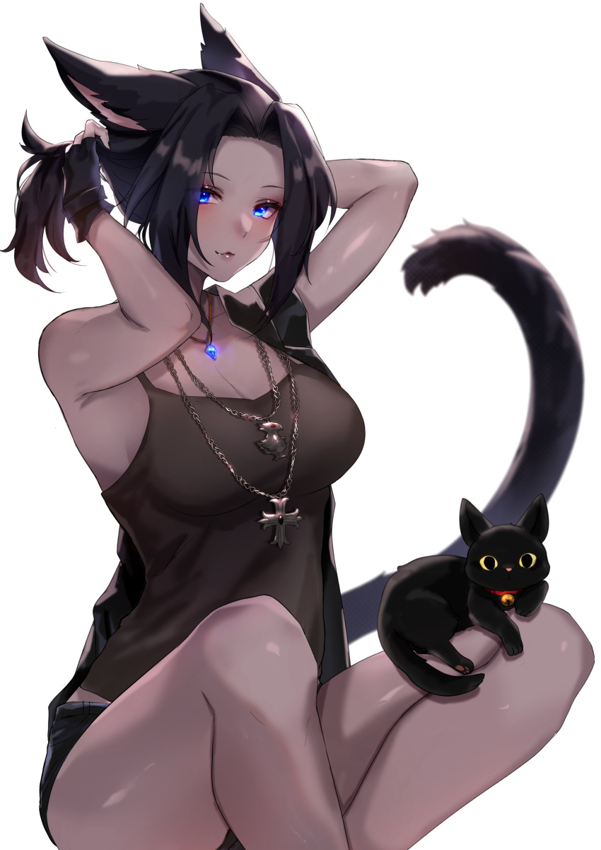 absurdres aira_saunar animal_ears black_cat black_hair blue_eyes breasts cat_ears cat_tail colored_skin commentary english_commentary feline female final_fantasy final_fantasy_xiv fingerless_gloves gloves grey_skin highres jewelry large_breasts looking_at_viewer midd_night miqo'te pendant short_hair shorts sitting solo tail tank_top tying_hair warrior_of_light_(ff14) white_background