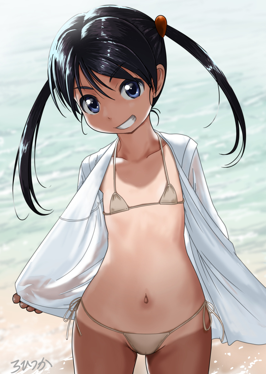 backlighting bad_anatomy beach beige_bikini bikini black_eyes black_hair cowboy_shot female flat_chest grin highres lolicon long_hair looking_at_viewer micro_bikini ocean one-piece_tan open_clothes open_shirt original outdoors rohitsuka shirt side-tie_bikini smile solo standing swimsuit tan tanlines twintails white_bikini white_shirt wide_hips