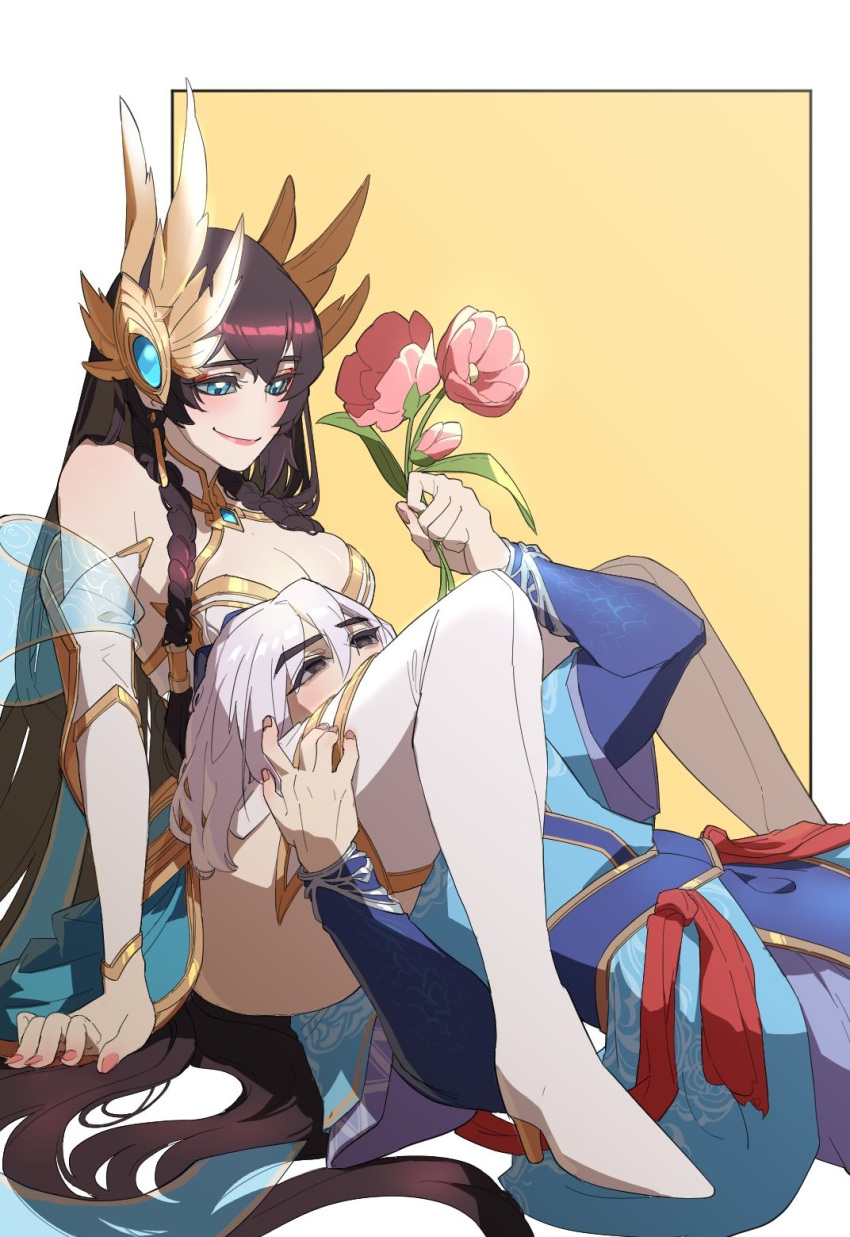 1boy arm_support blue_eyes braid breasts ddlggoddadda detached_sleeves divine_sword_irelia female flower green_eyes hair_between_eyes high_heels highres holding holding_flower irelia korean_commentary league_of_legends long_hair long_sleeves looking_at_another lying medium_breasts on_back sitting smile talon_(league_of_legends) thighhighs yellow_background