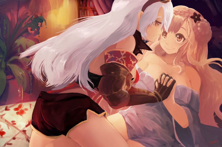 2girls arnas_(yoru_no_nai_kuni) ass bed breasts couple erodozer eye_contact happy highres holding_hands large_breasts long_hair looking_at_another lyuritis_(yoru_no_nai_kuni) multiple_girls orange_hair plant smile white_hair yoru_no_nai_kuni yuri