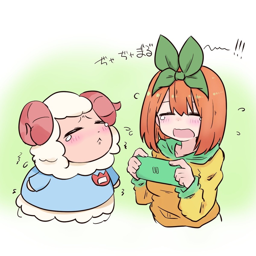 :< =_= animal animal_crossing blue_shirt blush brown_hoodie closed_eyes closed_mouth commentary_request crossover curled_horns dom_(animal_crossing) eyebrows_hidden_by_hair female go-toubun_no_hanayome green_ribbons hair_between_eyes hair_ribbon handheld_game_console highres holding hood hood_down hoodie horns kujou_karasuma long_sleeves nakano_yotsuba open_mouth orange_hair ribbon sheep shirt tears translation_request trembling