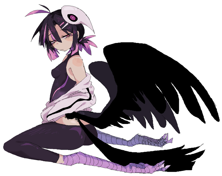 animal_hands artist_name ava_(orc_massage) bare_shoulders bird_legs bird_tail black_hair black_wings blush breasts closed_mouth feathers female full_body hair_between_eyes hair_ornament hairclip half-closed_eyes half-harpy hibi_(dustbinrat) jacket jaggy_lines looking_at_viewer looking_back mask mask_on_head monster_girl multicolored_hair oekaki orc_massage pink_eyes pink_hair shoulder_blush simple_background sitting small_breasts solo tail wariza white_background wings