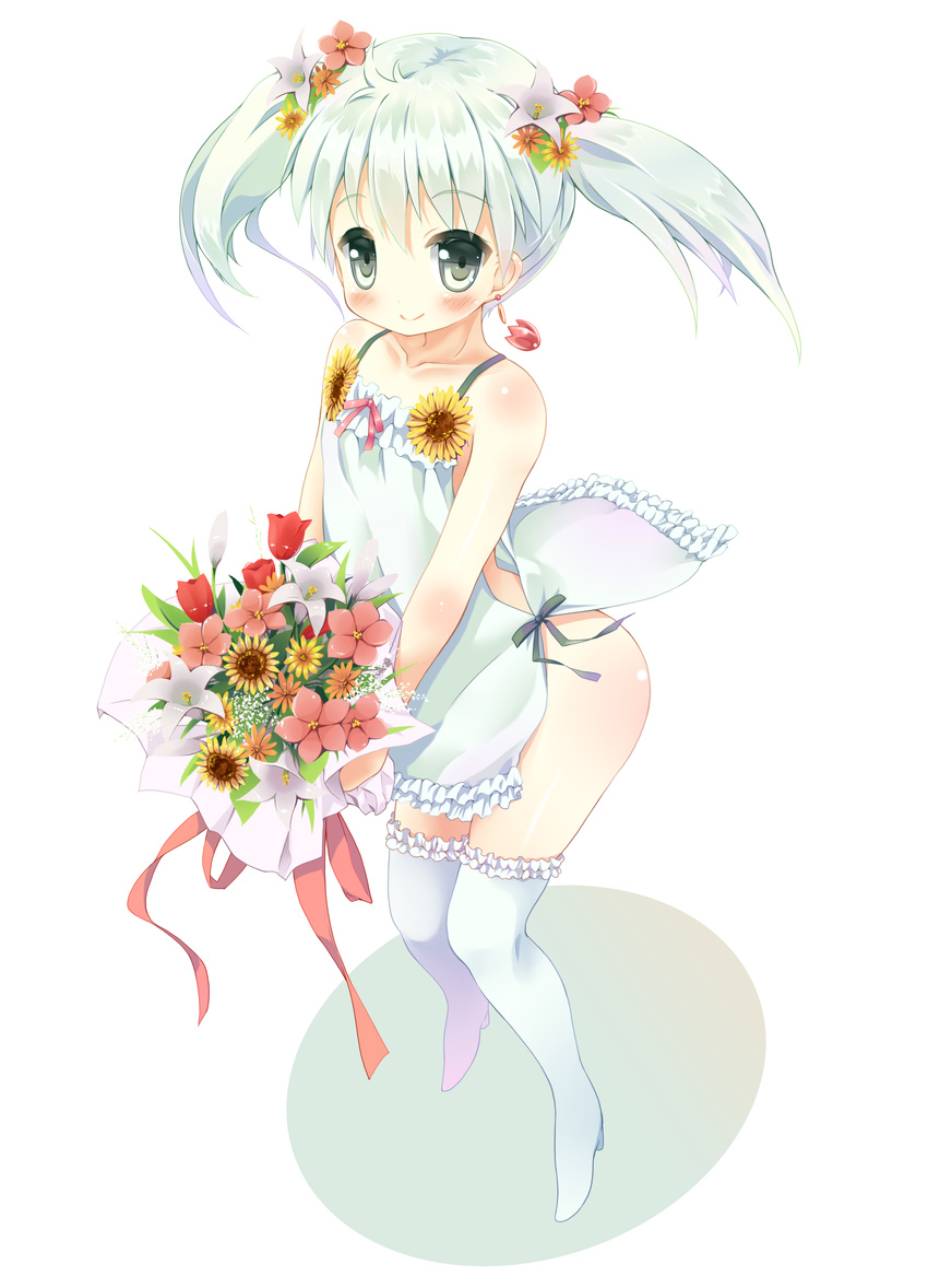 absurdres blush bouquet commentary_request dress earrings female flower frilled_thighhighs frills grey_eyes hair_flower hair_ornament harunotsukushi highres jewelry long_hair no_panties photoshop_(medium) ribbon side_slit sideless_outfit smile solo sundress tama_(wixoss) thighhighs twintails white_hair wind wind_lift wixoss