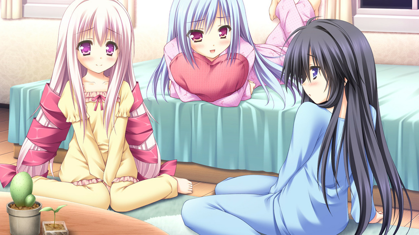 black_hair blue_eyes blue_hair game_cg long_hair lump_of_sugar moekibara_fumitake oumi_kokoro pajamas pink_eyes pink_hair sekai_to_sekai_no_mannaka_de shiratori_aira tsukidate_minori