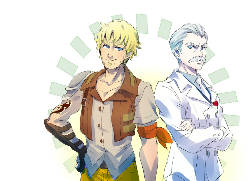 2boys blonde_hair blue_eyes commentary facial_hair formal grey_hair highres iesupa jacques_schnee male_focus moustache multiple_boys muscular rwby soul_patch stubble suit taiyang_xiao_long tattoo