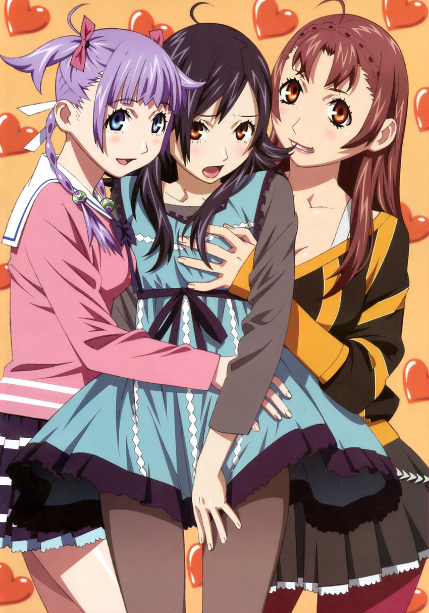 3girls absurdres ahoge black_hair blue_eyes braid breasts breasts_squeezed_together brown_eyes brown_hair dress girl_sandwich hair_ribbon heart highres hotaru_natsuna long_hair medium_breasts multiple_girls official_art pantyhose purple_hair ribbon sandwiched sasori_koromo school_uniform serafuku smile sudou_cecil twin_braids umetsu_yasuomi wizard_barristers:_benmashi_cecil yuri