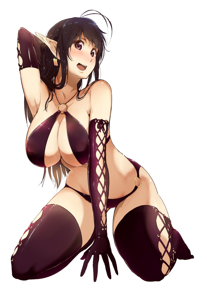 ahoge arm_up armpits bikini black_hair blush breasts brown_bikini brown_eyes brown_gloves brown_thighhighs commentary_request earrings elbow_gloves female gloves highres jewelry katori_(pso2) kneeling large_breasts long_hair o-ring o-ring_bikini open_mouth phantasy_star phantasy_star_online_2 pointy_ears simple_background smile solo swimsuit thighhighs tokiwa_midori_(kyokutou_funamushi) white_background