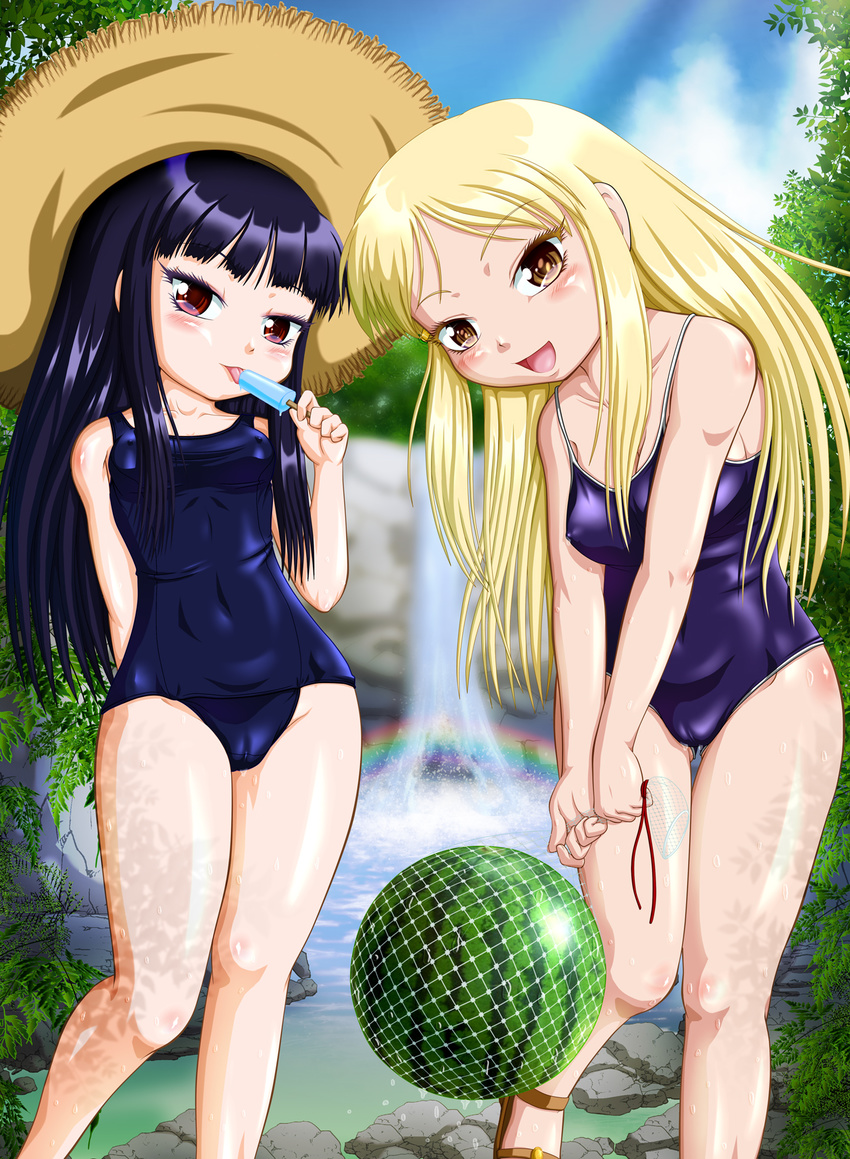 2girls commentary_request competition_school_swimsuit ebi_daruma food fruit hidaka_koharu high_score_girl highres multiple_girls net old_school_swimsuit one-piece_swimsuit oono_akira outdoors school_swimsuit shochuumimai swimsuit watermelon