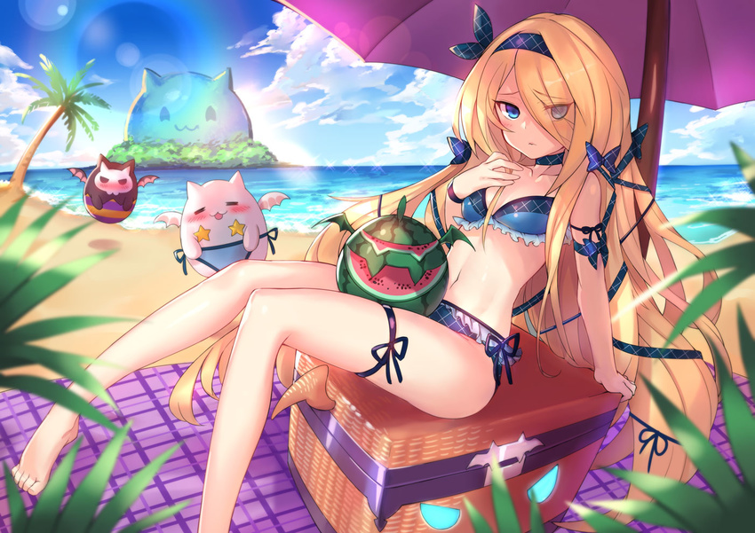 :3 arm_support bare_legs barefoot beach beach_towel beach_umbrella bikini blonde_hair blue_bikini blue_bow blue_eyes blue_hair blue_hairband blue_ribbon blue_sky blush bow bow_hairband bracelet chibidra chinese_commentary cloud commentary_request day eyes_visible_through_hair female food foot_out_of_frame frilled_bikini frills fruit grid_print hair_between_eyes hairband hairbow hand_on_own_chest hand_up island jewelry knees_together_feet_apart leaning_back lens_flare long_bangs looking_at_viewer navel ocean outdoors palm_tree pandora_(p&d) picnic_basket print_bikini print_bow print_hairband print_ribbon puzzle_&_dragons ribbon shennai_misha side-tie_bikini_bottom sitting sky solo_focus swimsuit tamadra thigh_strap towel tree umbrella water watermelon